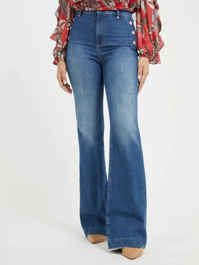 Women Exposed Buttons Flare Denim Pant Blue Guess Flared And Bootcut