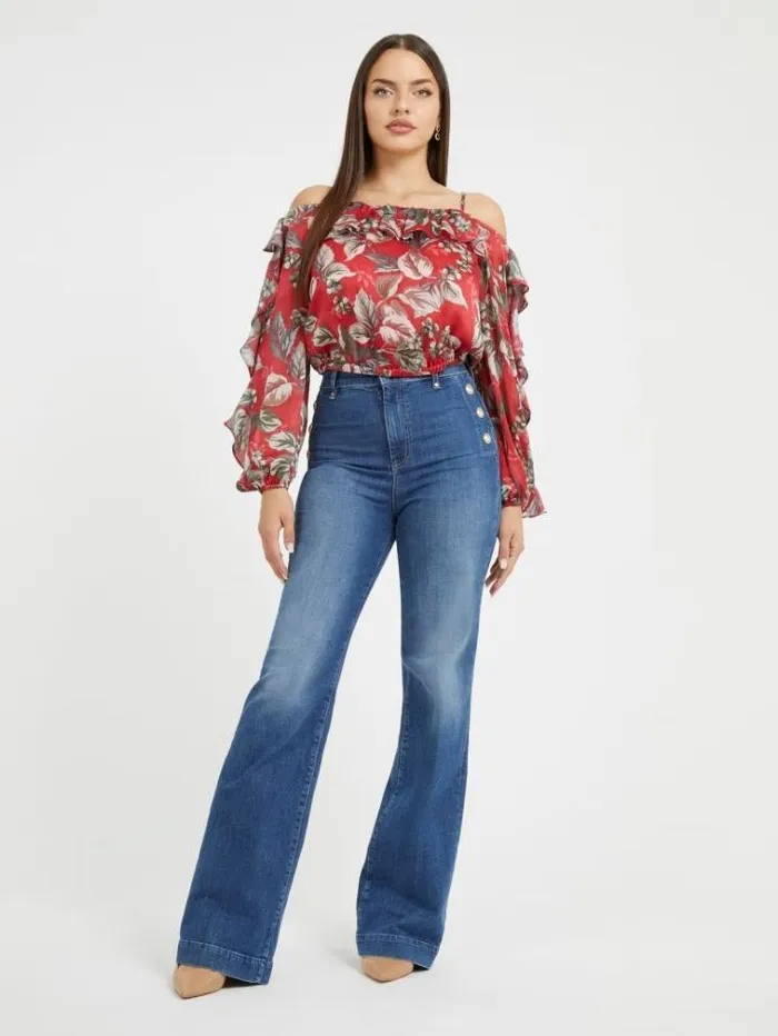 Women Exposed Buttons Flare Denim Pant Blue Guess Flared And Bootcut