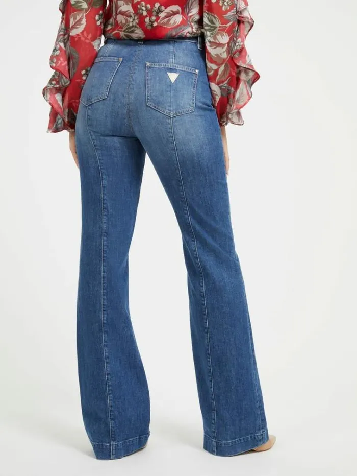 Women Exposed Buttons Flare Denim Pant Blue Guess Flared And Bootcut