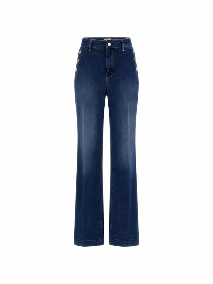 Women Exposed Buttons Flare Denim Pant Blue Guess Flared And Bootcut