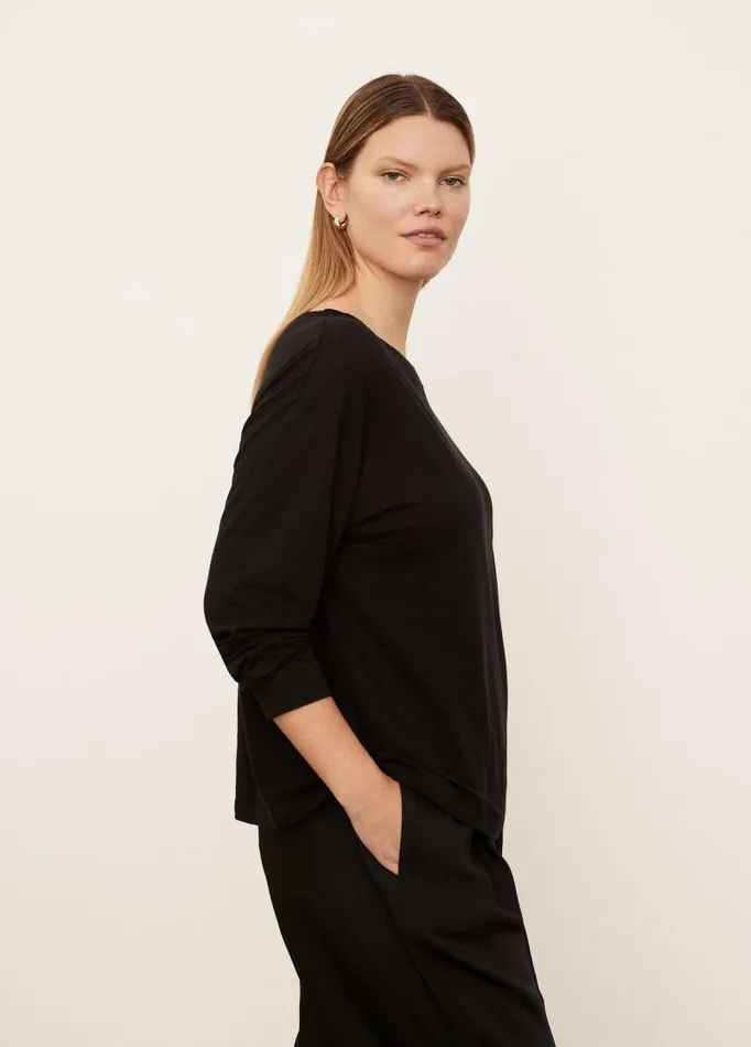 Women Extended Sizes Vince Boxy Long Sleeve Crew Neck TShirt Black