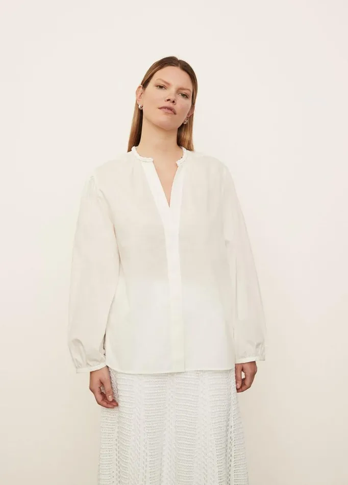 Women Extended Sizes Vince Braid Trim Band Collar Blouse Optic White