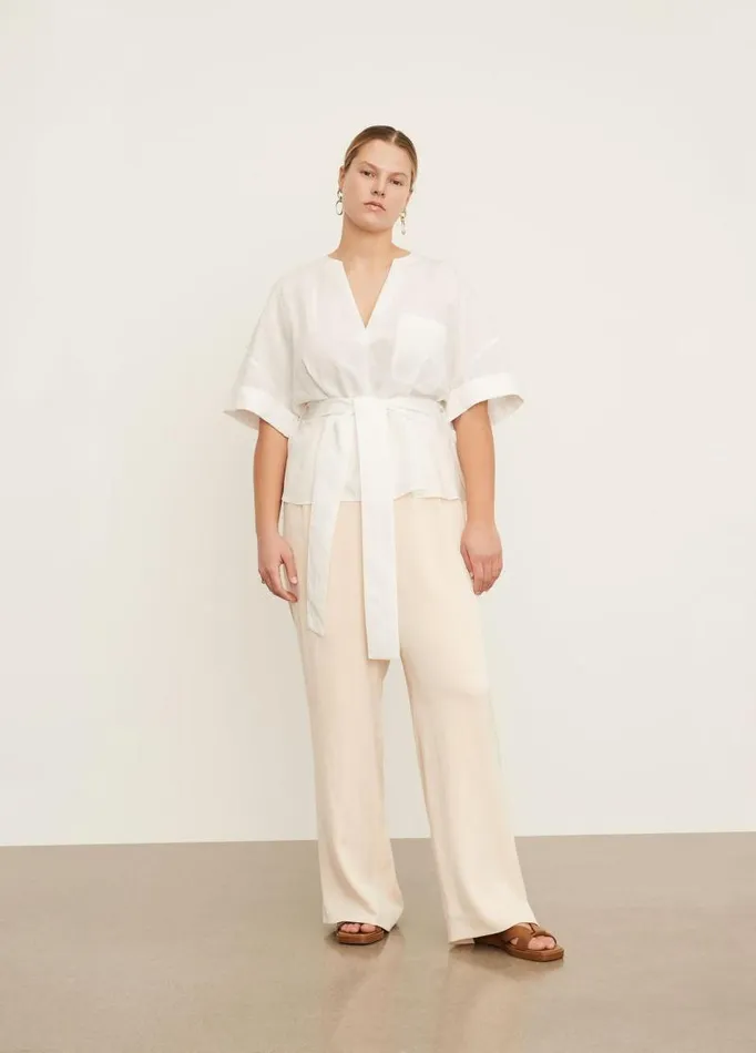 Women Extended Sizes Vince Cuffed Short Sleeve VNeck Blouse Off White