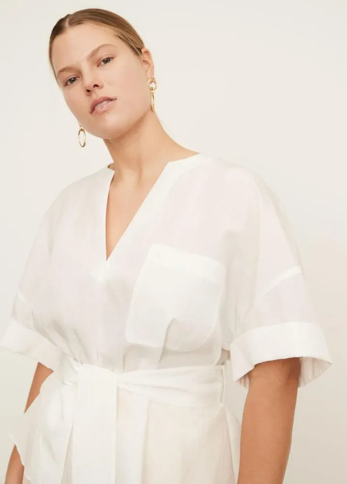 Women Extended Sizes Vince Cuffed Short Sleeve VNeck Blouse Off White