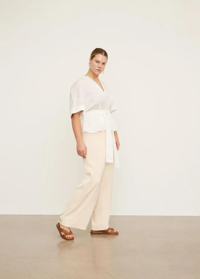 Women Extended Sizes Vince Cuffed Short Sleeve VNeck Blouse Off White