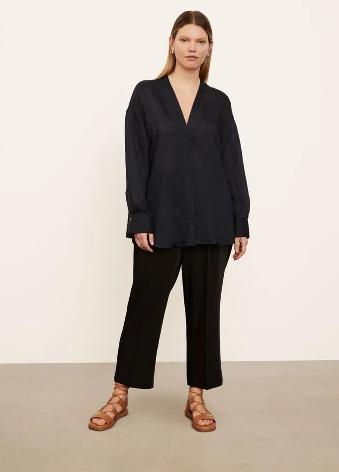 Women Extended Sizes Vince Drapey Stripe VNeck Blouse Coastal Blue