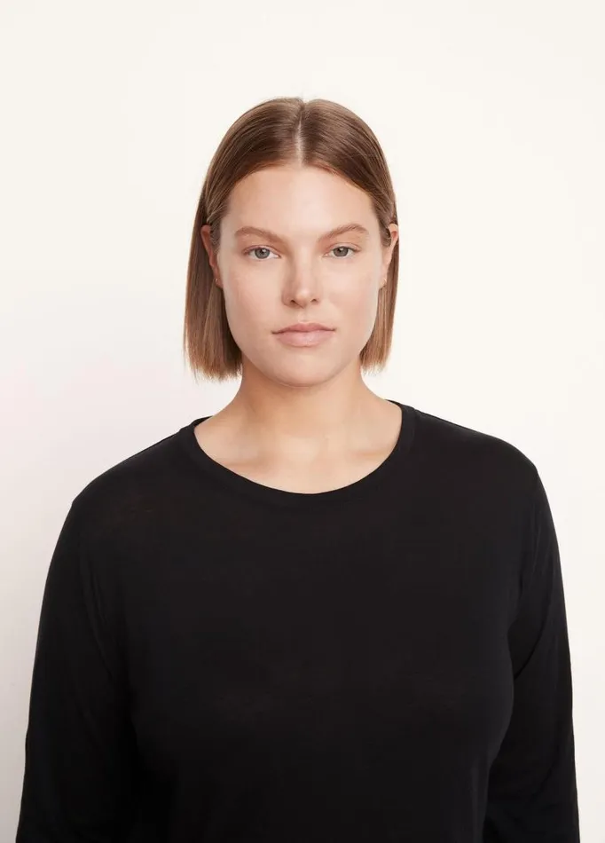 Women Extended Sizes Vince Essential Long Sleeve Crew Neck TShirt Black
