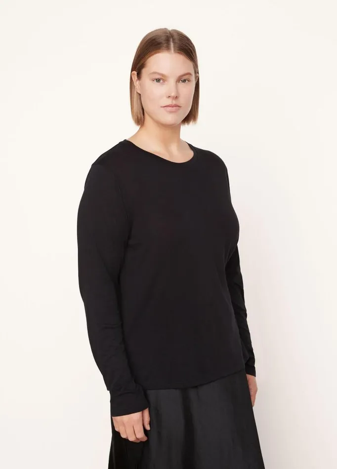 Women Extended Sizes Vince Essential Long Sleeve Crew Neck TShirt Black