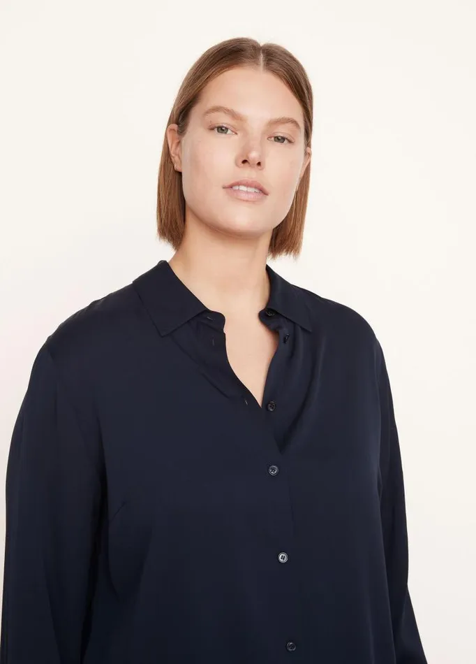 Women Extended Sizes Vince Fitted StretchSilk Blouse Coastal Blue