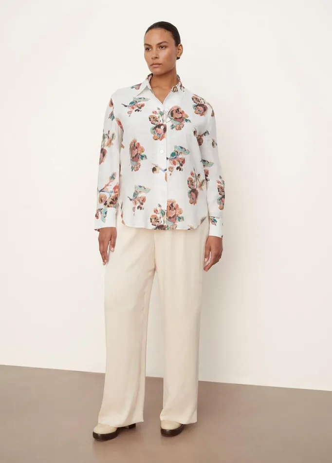 Women Extended Sizes Vince Ikat Floral Relaxed LongSleeve Shirt Optic White