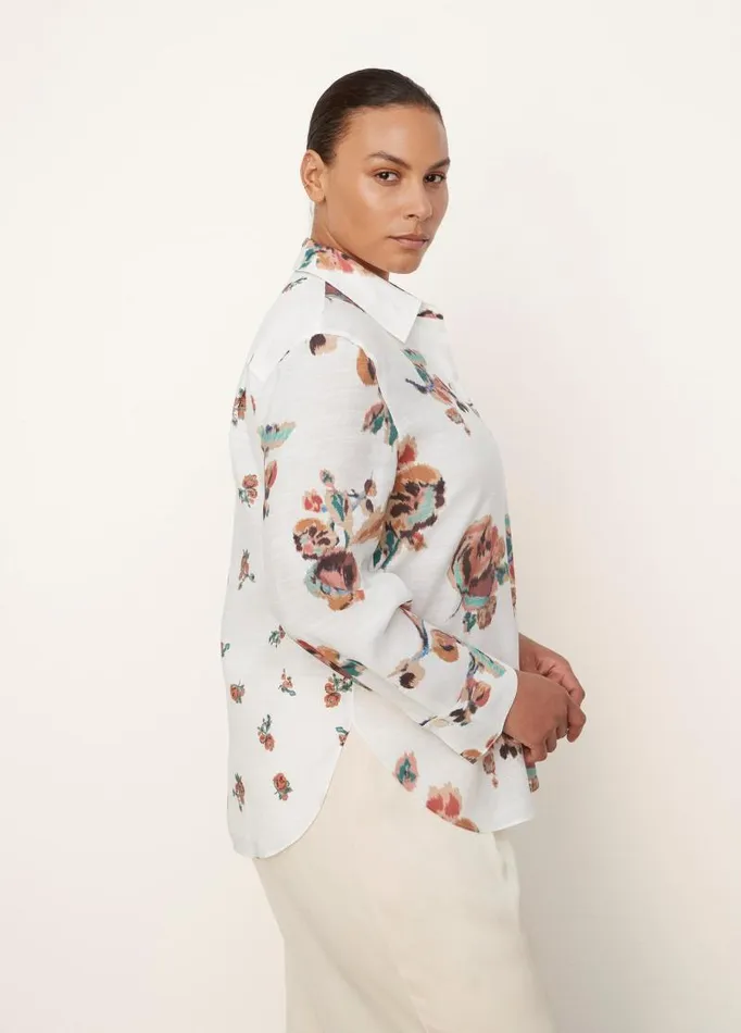 Women Extended Sizes Vince Ikat Floral Relaxed LongSleeve Shirt Optic White