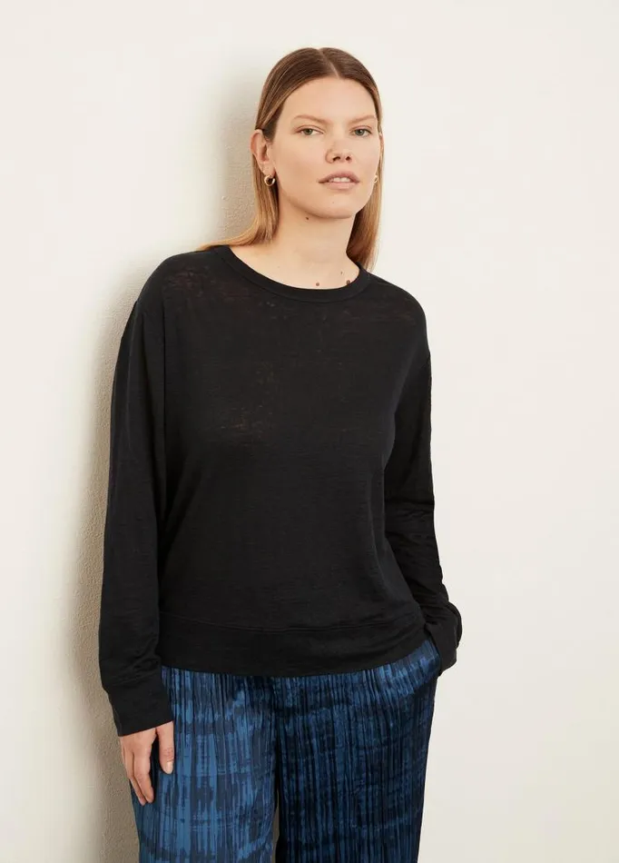 Women Extended Sizes Vince Linen Long Sleeve Pullover TShirt Coastal Blue