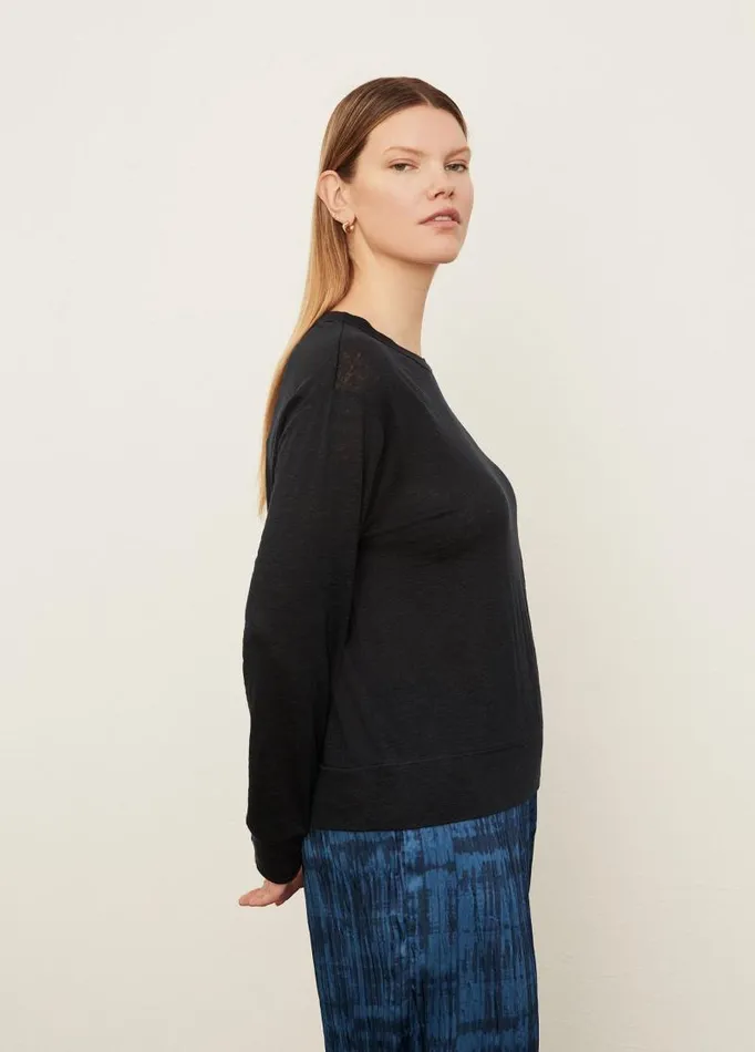 Women Extended Sizes Vince Linen Long Sleeve Pullover TShirt Coastal Blue