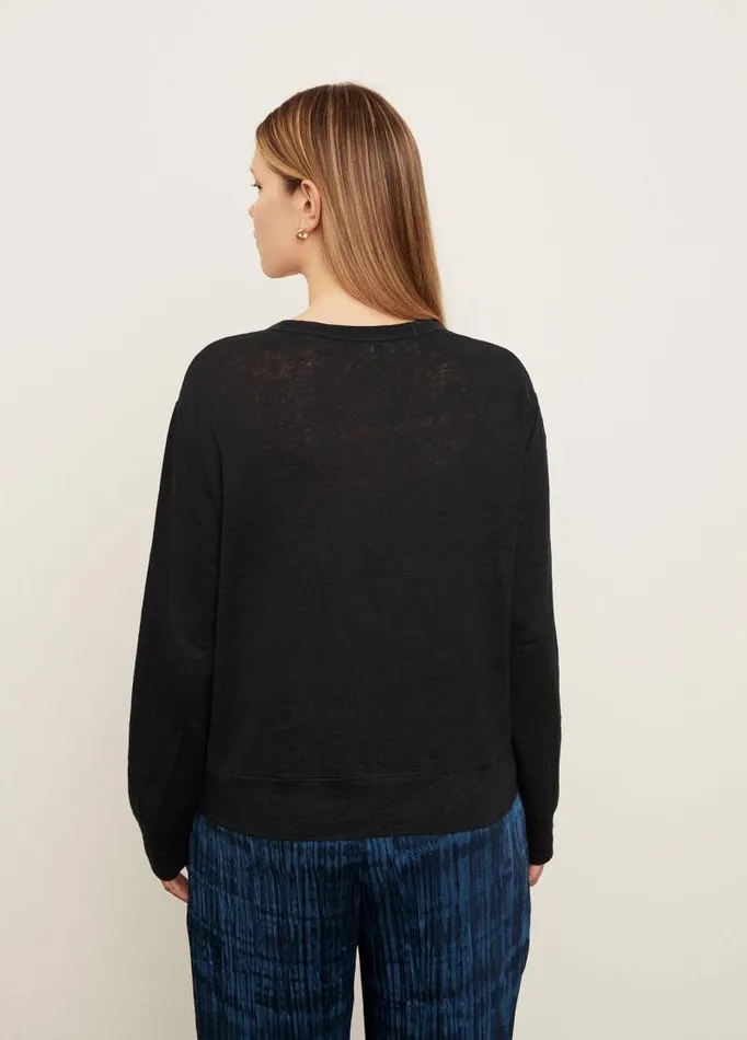 Women Extended Sizes Vince Linen Long Sleeve Pullover TShirt Coastal Blue