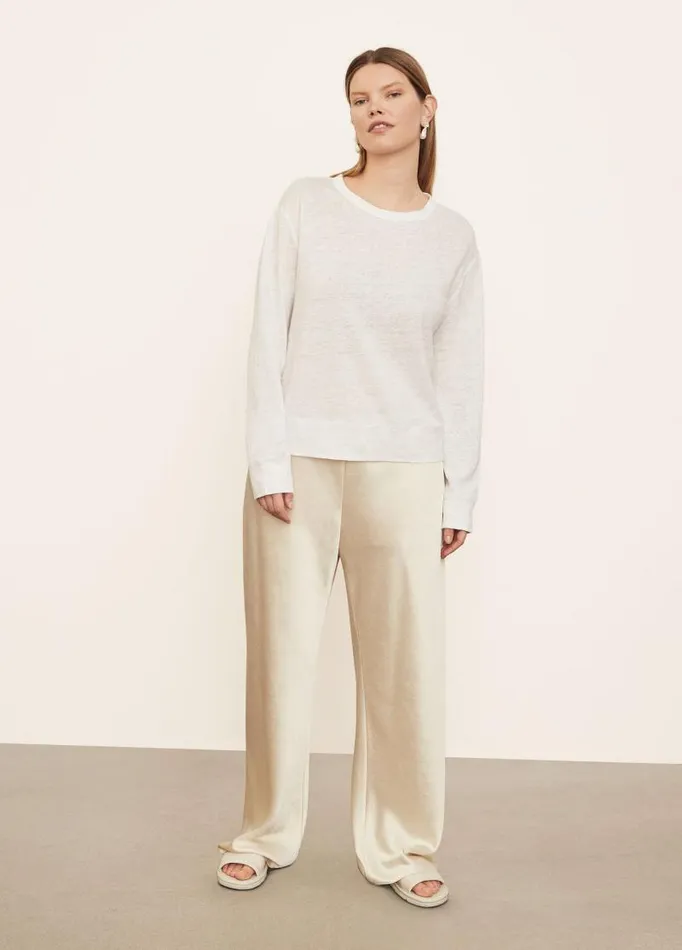 Women Extended Sizes Vince Linen Long Sleeve Pullover TShirt Optic White