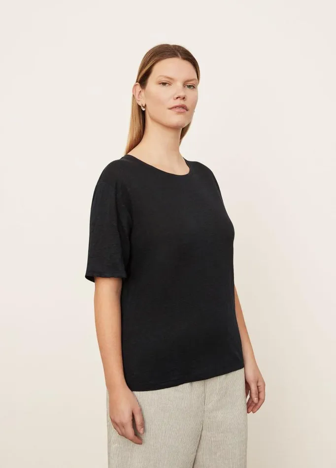 Women Extended Sizes Vince Linen Short Sleeve Relaxed Crew Neck TShirt Coastal Blue