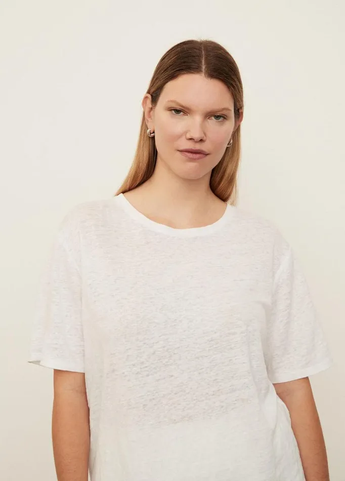 Women Extended Sizes Vince Linen Short Sleeve Relaxed Crew Neck TShirt Optic White
