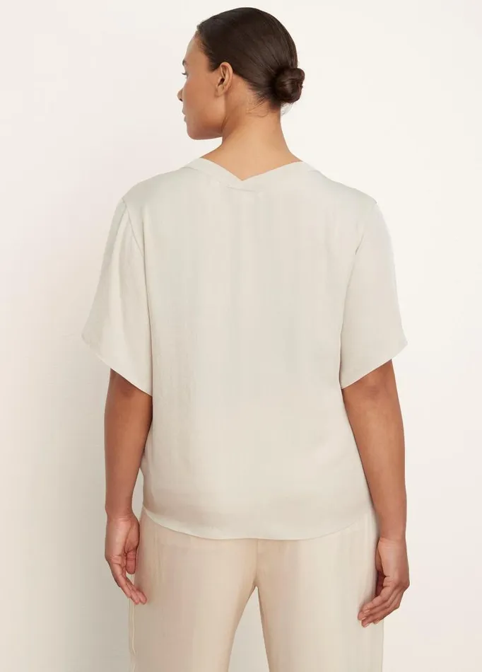 Women Extended Sizes Vince RibTrim Double VNeck Short Sleeve Popover Pale Fawn