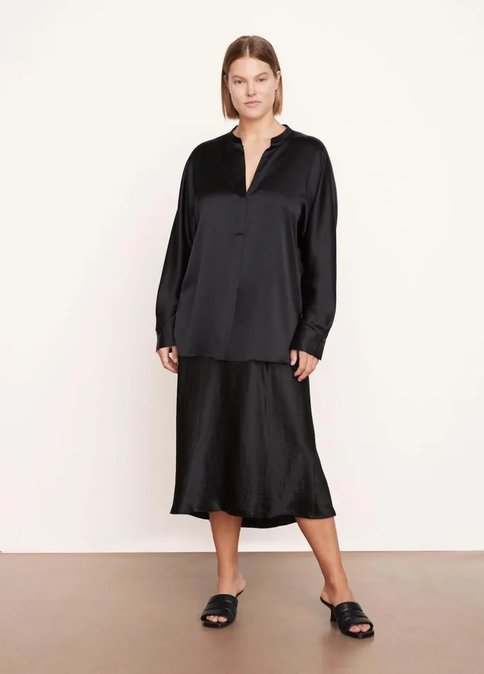 Women Extended Sizes Vince Satin Band Collar Blouse Black