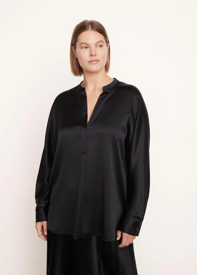 Women Extended Sizes Vince Satin Band Collar Blouse Black