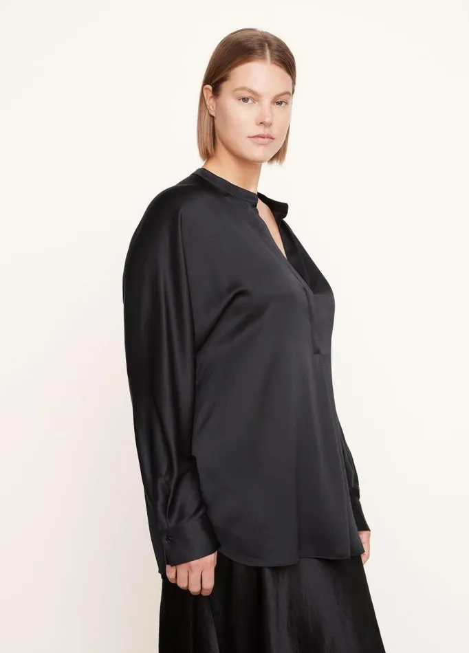 Women Extended Sizes Vince Satin Band Collar Blouse Black