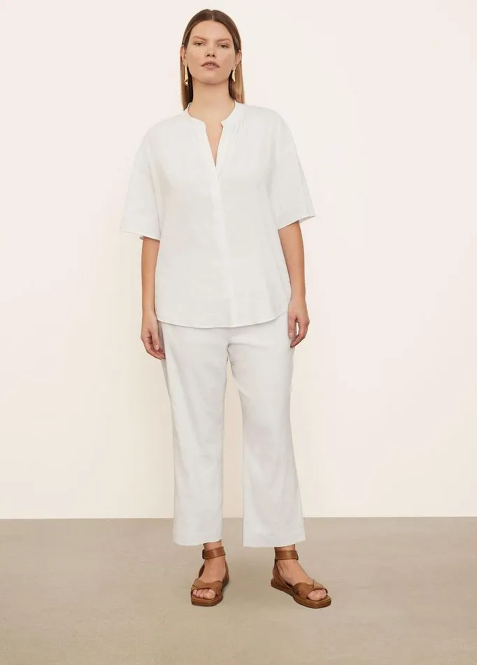 Women Extended Sizes Vince Short Sleeve Shirred Band Collar Blouse Optic White