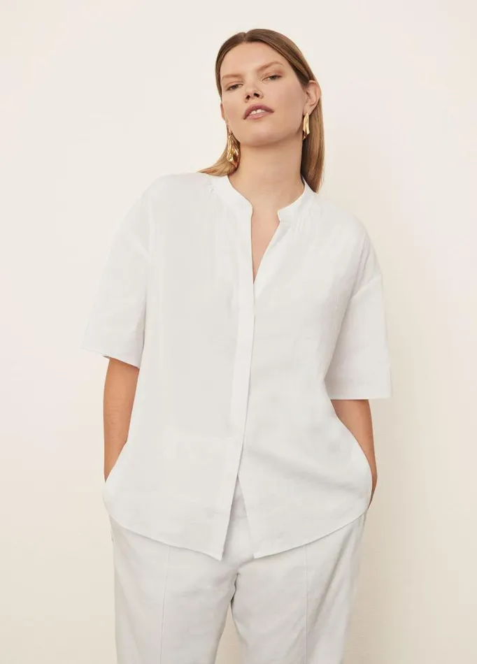 Women Extended Sizes Vince Short Sleeve Shirred Band Collar Blouse Optic White