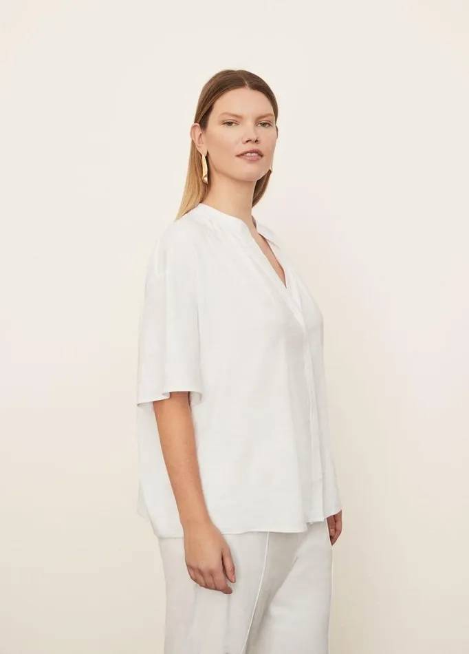 Women Extended Sizes Vince Short Sleeve Shirred Band Collar Blouse Optic White