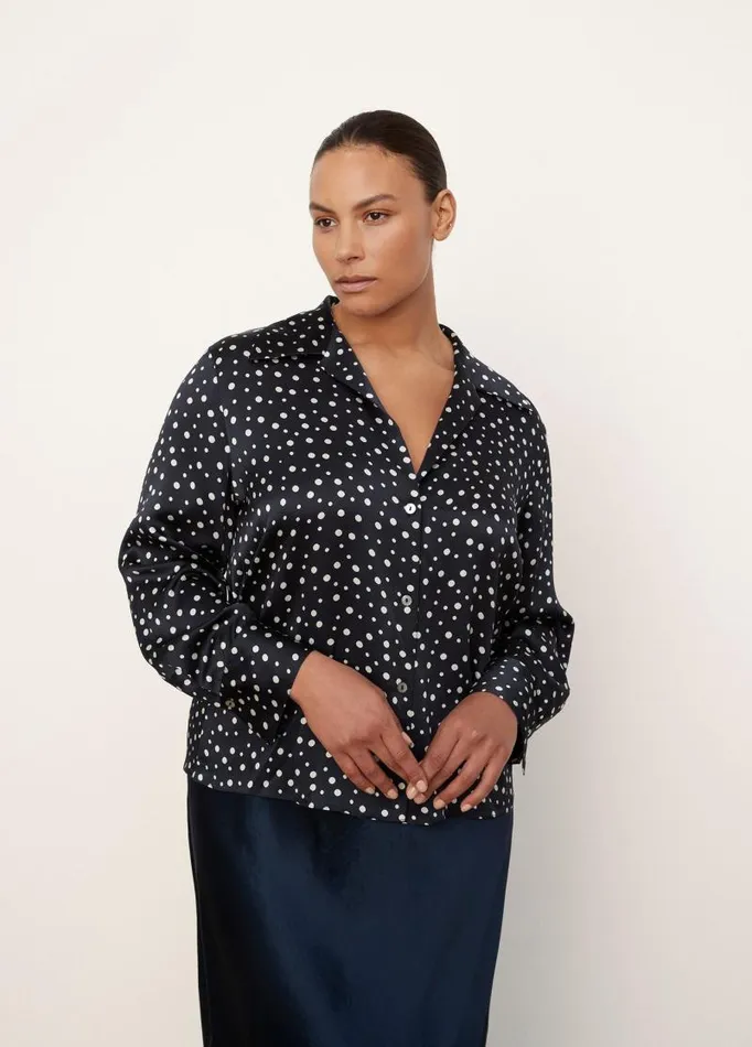 Women Extended Sizes Vince Silk Tossed Dot Fitted Collar Blouse Deep Marine