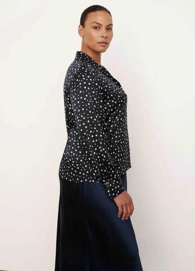 Women Extended Sizes Vince Silk Tossed Dot Fitted Collar Blouse Deep Marine