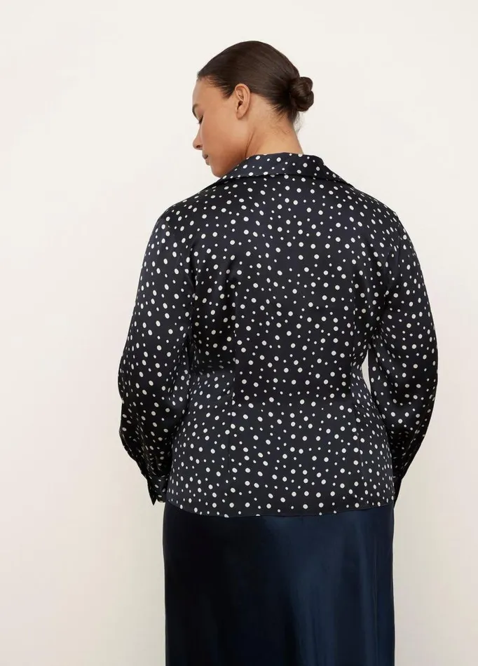 Women Extended Sizes Vince Silk Tossed Dot Fitted Collar Blouse Deep Marine