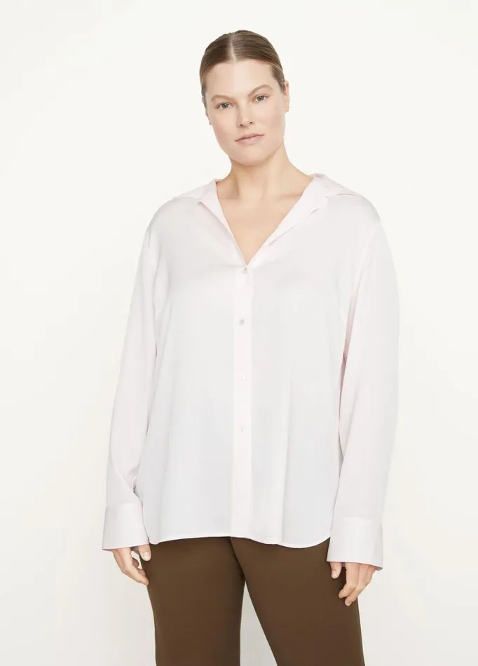 Women Extended Sizes Vince SlimFitted StretchSilk Shirt Rosewater
