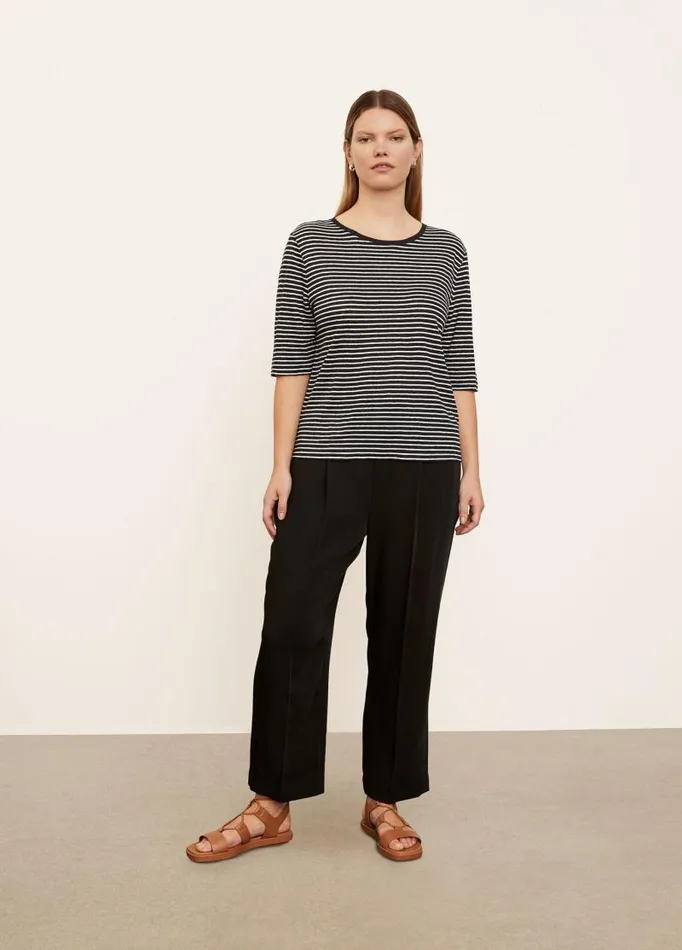 Women Extended Sizes Vince Striped Linen Elbow Sleeve Crew Neck TShirt Coastal Blueoptic White