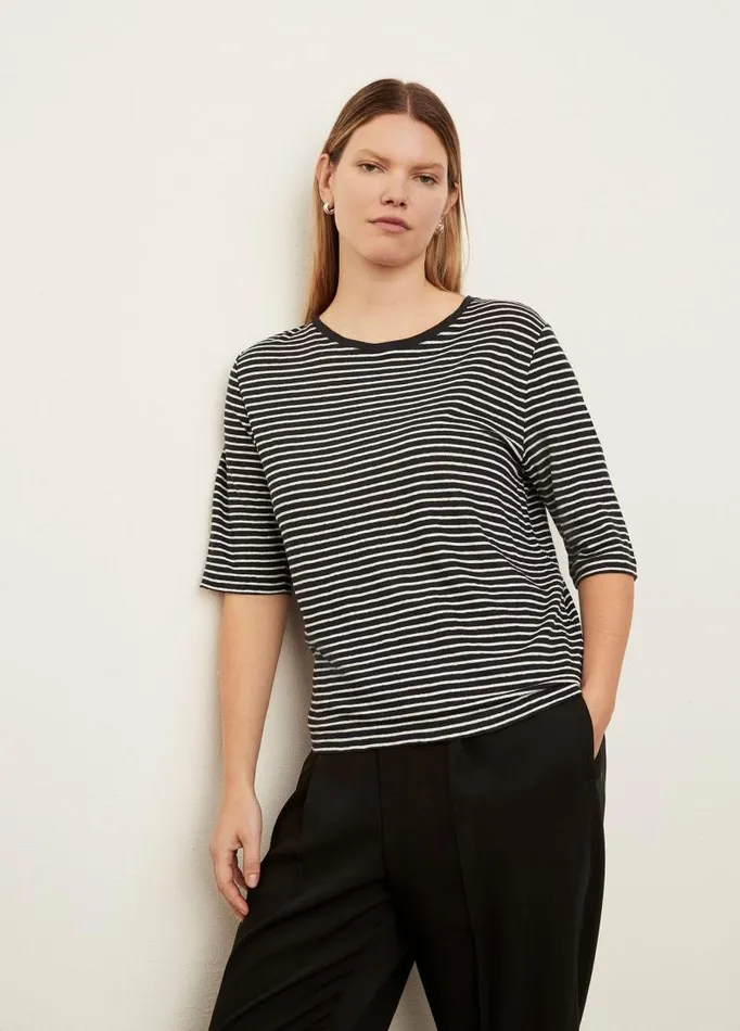 Women Extended Sizes Vince Striped Linen Elbow Sleeve Crew Neck TShirt Coastal Blueoptic White