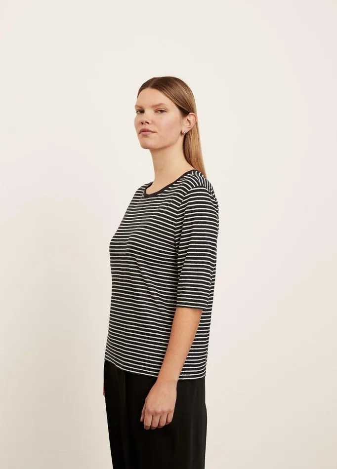 Women Extended Sizes Vince Striped Linen Elbow Sleeve Crew Neck TShirt Coastal Blueoptic White