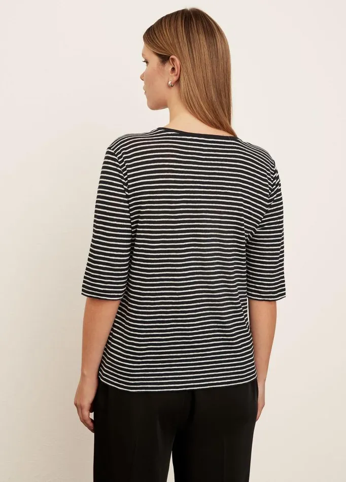 Women Extended Sizes Vince Striped Linen Elbow Sleeve Crew Neck TShirt Coastal Blueoptic White
