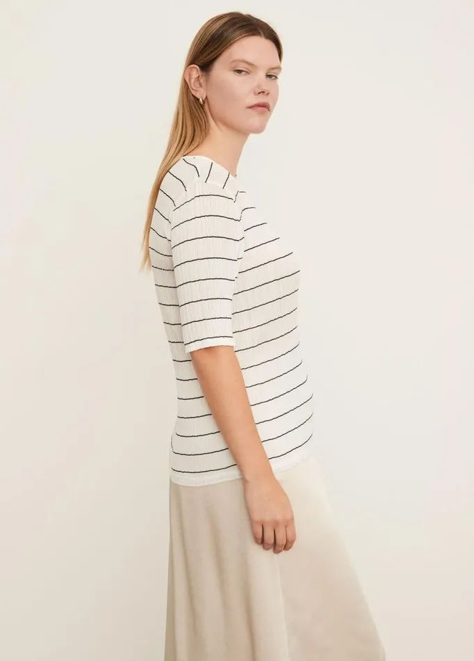 Women Extended Sizes Vince Variegated Stripe Elbow Sleeve Crew Neck TShirt Off Whitecoastal Blue