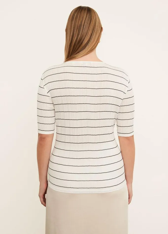 Women Extended Sizes Vince Variegated Stripe Elbow Sleeve Crew Neck TShirt Off Whitecoastal Blue