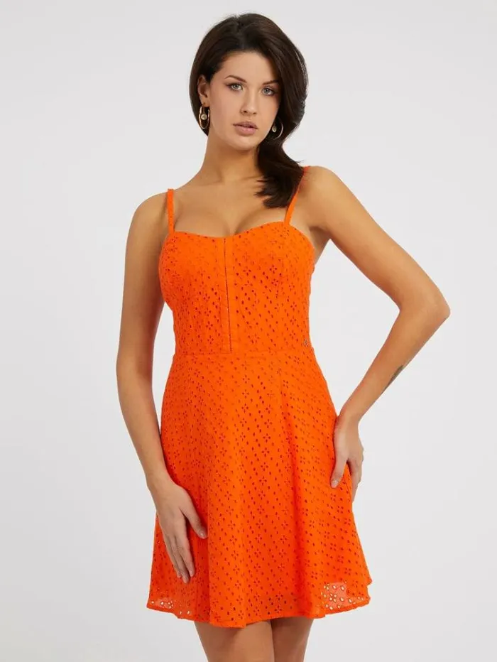 Women Eyelets Cotton Dress Orange Guess Dresses And Jumpsuits