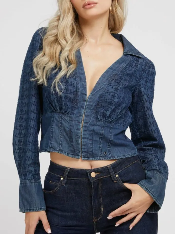 Women Eyelets Denim Blouse Blue Guess Tops And Shirts