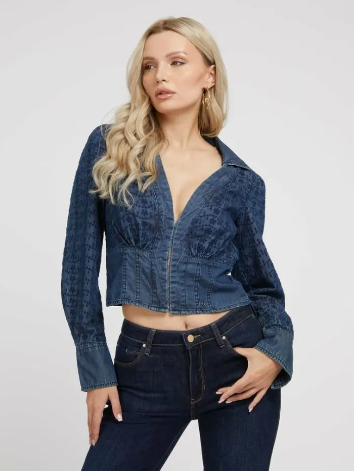 Women Eyelets Denim Blouse Blue Guess Tops And Shirts