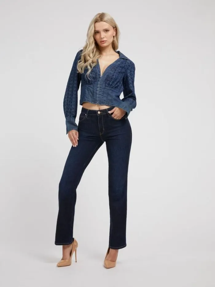 Women Eyelets Denim Blouse Blue Guess Tops And Shirts
