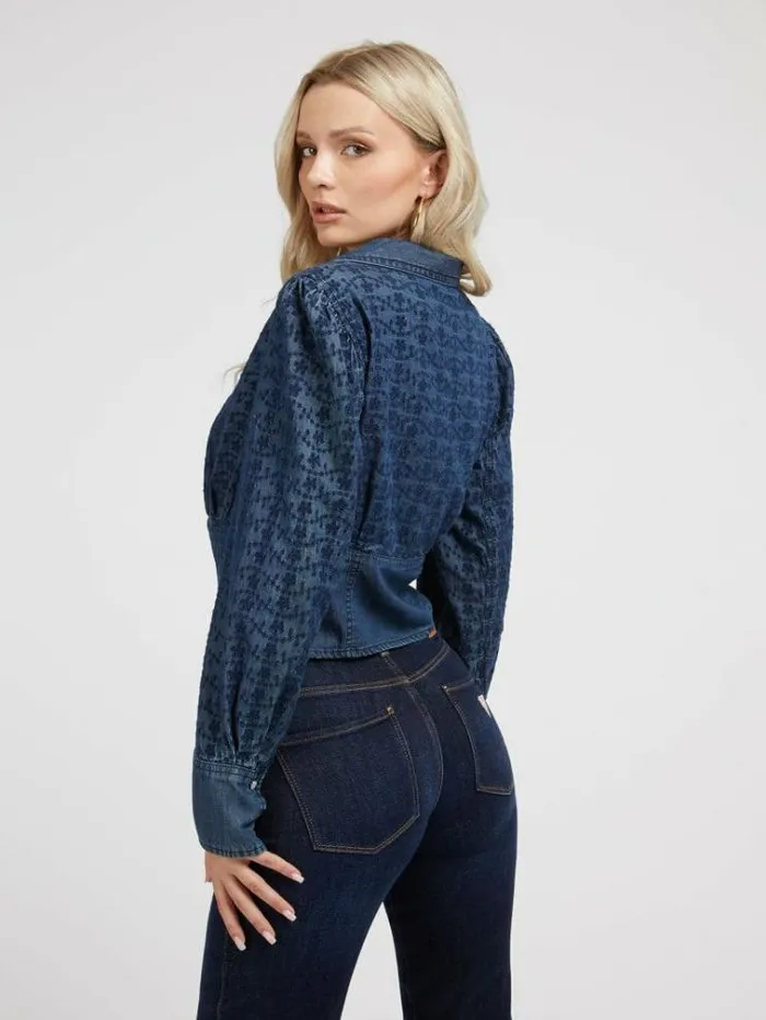 Women Eyelets Denim Blouse Blue Guess Tops And Shirts