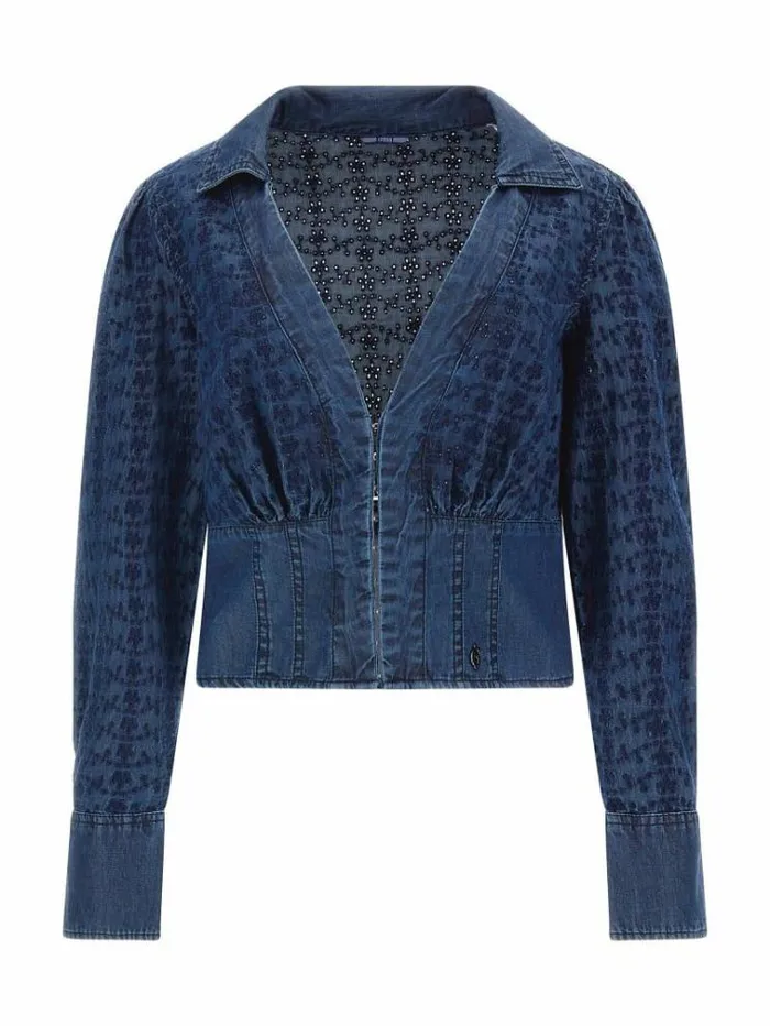 Women Eyelets Denim Blouse Blue Guess Tops And Shirts