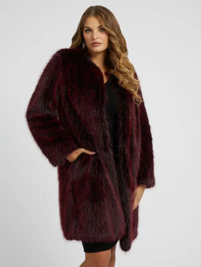 Women Faux Fur Coat Burgundy Guess Coats And Jackets