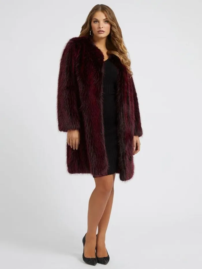 Women Faux Fur Coat Burgundy Guess Coats And Jackets