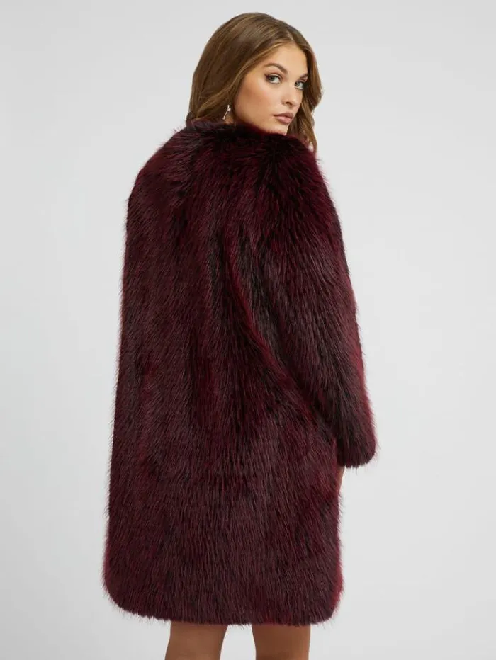 Women Faux Fur Coat Burgundy Guess Coats And Jackets