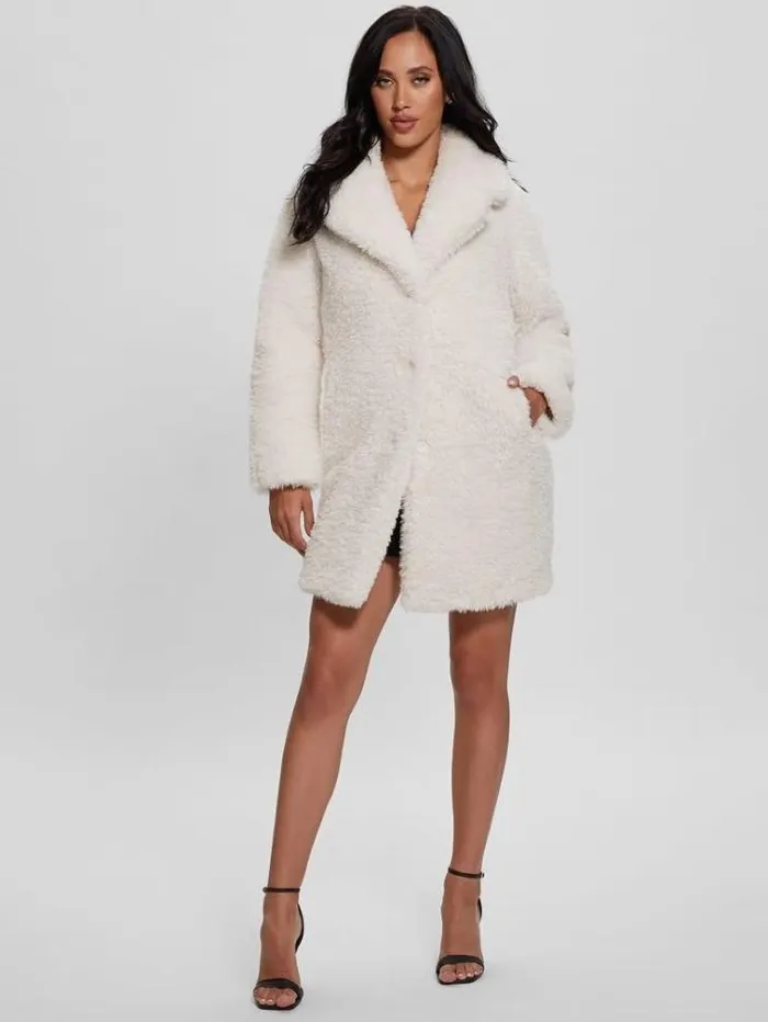 Women Faux Fur Coat White Guess Coats And Jackets