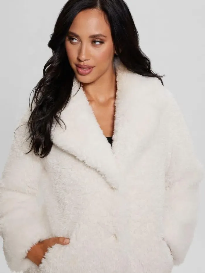 Women Faux Fur Coat White Guess Coats And Jackets