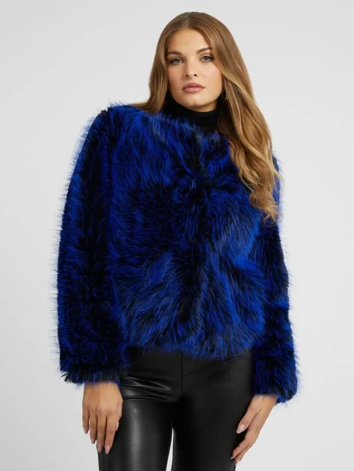 Women Faux Fur Jacket Blue Guess Coats And Jackets